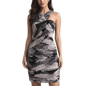 BCBGMAXAZRIA Roxanne Black White Feather Print Ruched Bodycon Mini Dress Medium